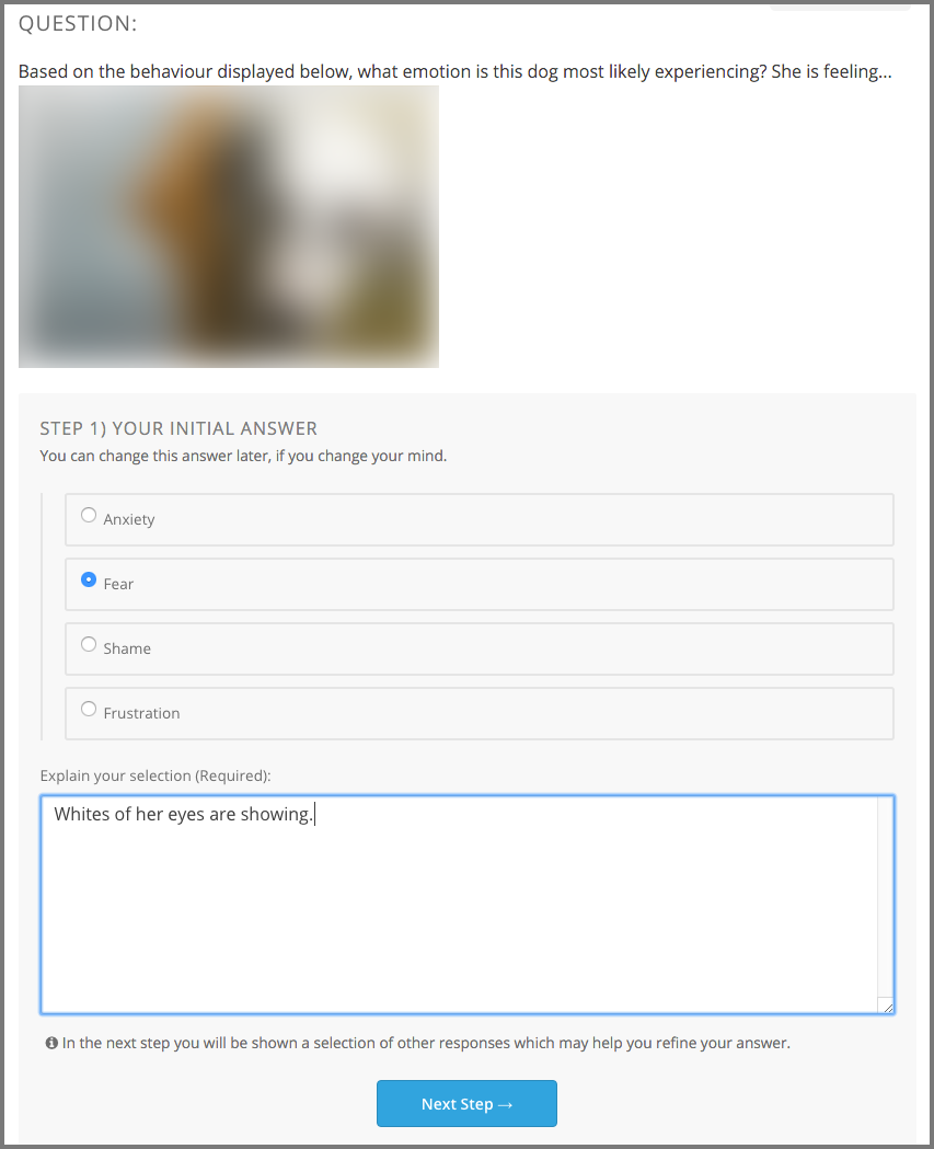 A question with a selected answer choice and a short description for that choice.